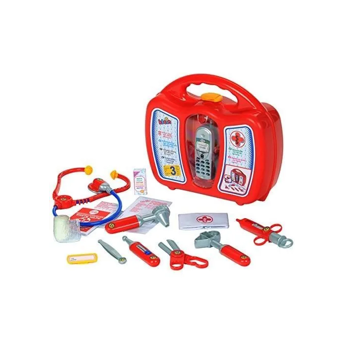 Klein Estuche Médico para Niño con Teléfono Móvil y Accesorios, Incluye Tijeras, Martillo, Pinzas, Jeringas, Estetoscopio, Monitor de Presión y Termómetro, Edad 3+ 1