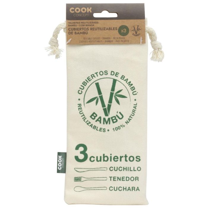Cook Concept Juego De 3 Cubiertos De Bambú Con Bolsa De Tela - Alternativa Ecológica Al Plástico 2
