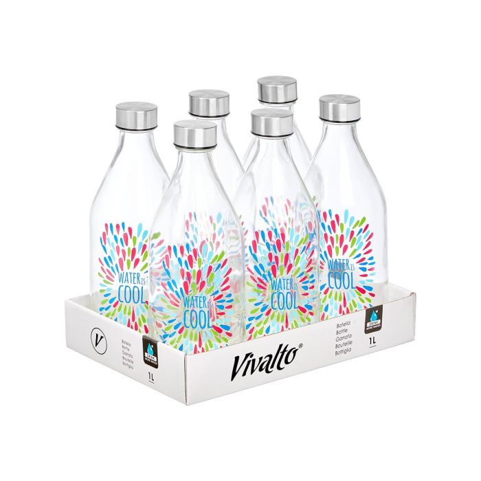 Vivalto Botella Tapon Acero Water Cool 1000 ml Vidrio Acero Transparente Plata 9.4x25.5x9.4 cm (Set de 12)