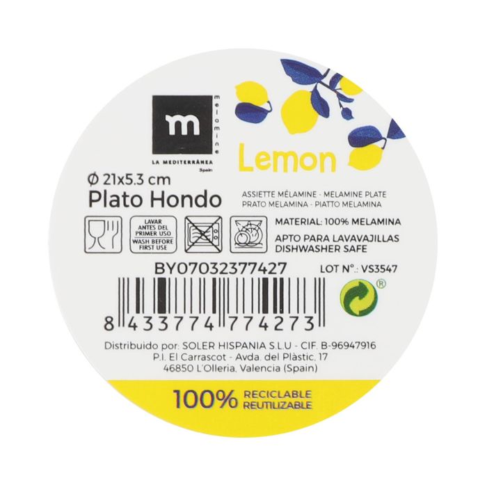 Plato Hondo Melamina Brillo Lemon 21x5.3 cm La Mediterranea (24 Unidades) 2 Plato Hondo Melamina Brillo Lemon 21x5.3 cm La Mediterranea (24 Unidades) 2