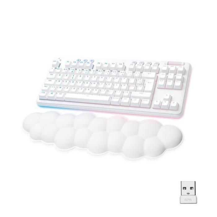 Logitech G - Teclado para juegos - G715 Mecánico inalámbrico táctil (GX Brown) con reposamuñecas - Niebla blanca Logitech G - Teclado para juegos - G715 Mecánico inalámbrico táctil (GX Brown) con reposamuñecas - Niebla blanca