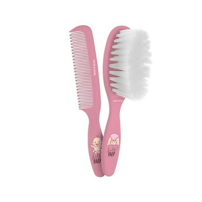 Beter Cepillo y Peine para Bebé Set 2 Piezas, Suave, Puntas Redondeadas, Cuidado Capilar Delicado, Rosa para Recién Nacidos