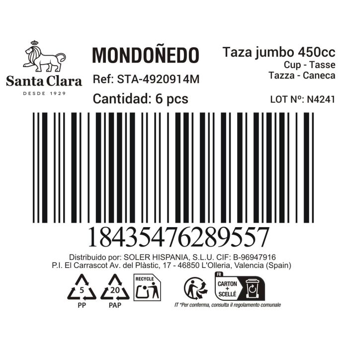 Inde Mondofiedo Taza Jumbo 450 ml, Color Marrón, 11.7 cm de Diámetro x 7.7 cm de Altura (6 Unidades)