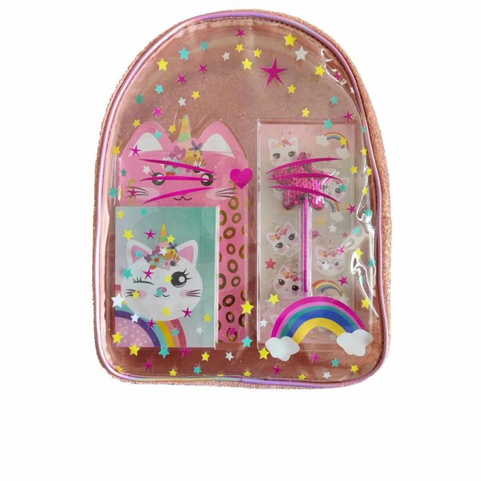 Inca PV23 Mochila Transparente Gato Orejitas + Lote Papelería (Cuaderno, Bolígrafo, Pegatinas, Notas) 5 pz Vuelta al Cole