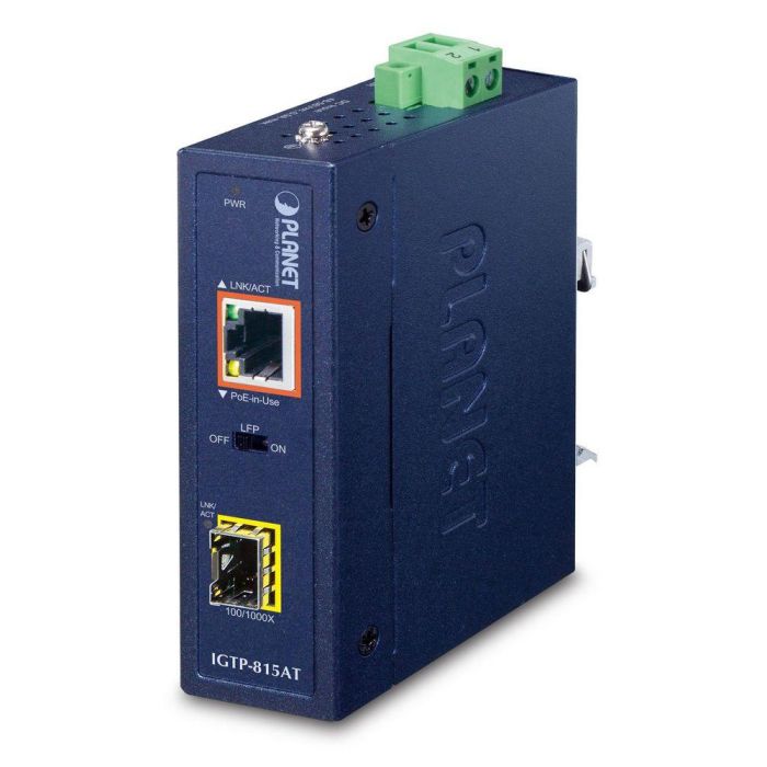 Planet IGTP-815AT - Convertidor de Medios Industrial Gigabit PoE+ 802.3at SFP a Cobre, -40 a 75°C, 36W, hasta 120km Planet IGTP-815AT - Convertidor de Medios Industrial Gigabit PoE+ 802.3at SFP a Cobre, -40 a 75°C, 36W, hasta 120km
