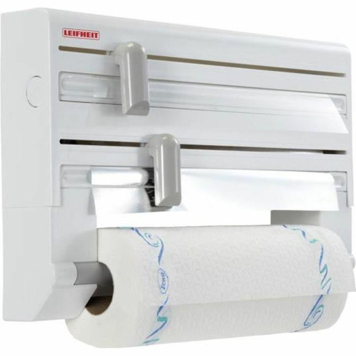 Leifheit 25703 Parat ComfortLine - Dispensador de Pared de Cocina para 3 Rollos de Papel con Cuchillas Afiladas