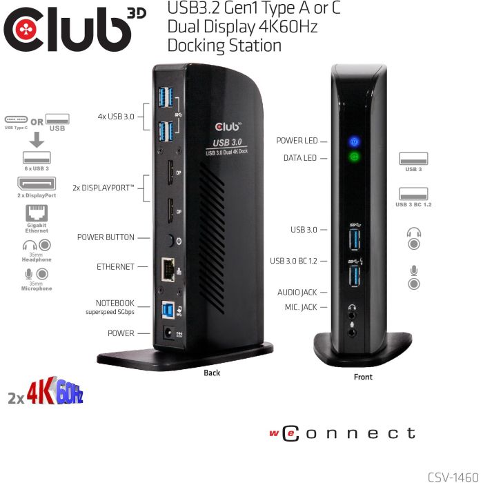 Club3D CAC-1507 Docking Station Dual Display 4K 60Hz USB-C/USB 3.0 con 2xDP/6xUSB/LAN/Audio Negro 10 Club3D CAC-1507 Docking Station Dual Display 4K 60Hz USB-C/USB 3.0 con 2xDP/6xUSB/LAN/Audio Negro 10