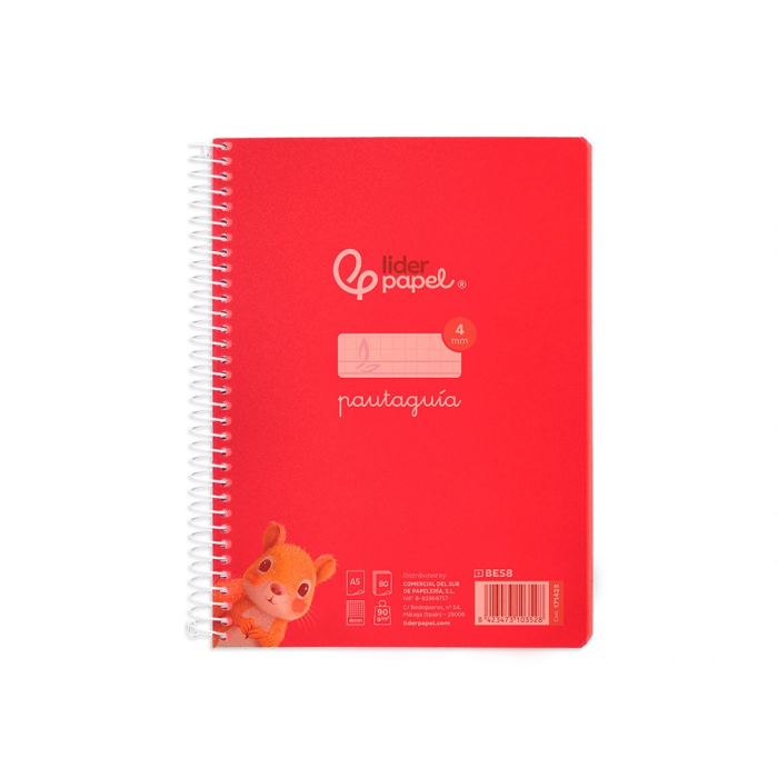 Liderpapel Cuaderno Espiral A5 Pautaguía Tapa Plástico 80 Hojas 90gr Cuadro Pautado 4mm con Margen Color Rojo 1