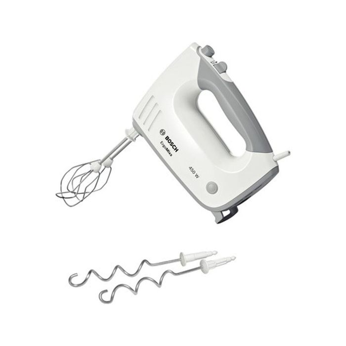 Bosch MFQ36400 Batidora de mano ErgoMixx 450 W con 5 velocidades, Turbo, 2 batidores y 2 ganchos amasadores de acero inoxidable Blanco/Gris