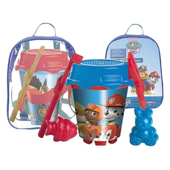 Mochila cubo playa castillo paw patrol con cedazo, pala, rastrillo y moldes 18 cm