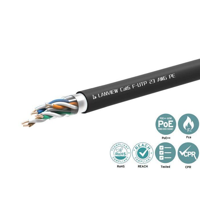Lanview Cable Cat6 F-UTP 305m AWG23 PE Negro para Exteriores para Sistemas de Cableado Estructurado y Transmisión de Datos