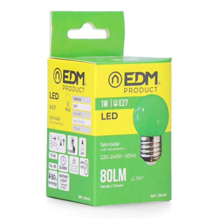 Bombilla esferica led e27 1w 80lm luz verde ø45x69mm edm 2