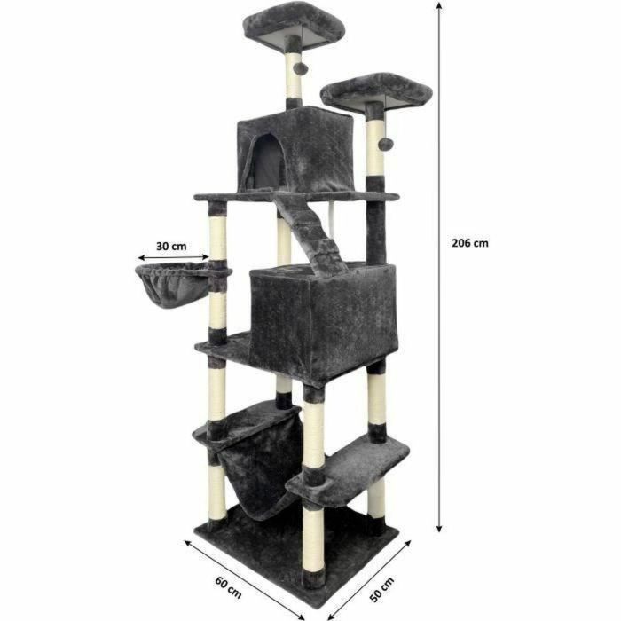 TAYLOR Rascador para gatos - 60 x 50 x 206 cm - Gris oscuro - 2 plataformas, 1 percha, 2 cabinas, 1 hamaca 1 TAYLOR Rascador para gatos - 60 x 50 x 206 cm - Gris oscuro - 2 plataformas, 1 percha, 2 cabinas, 1 hamaca 1