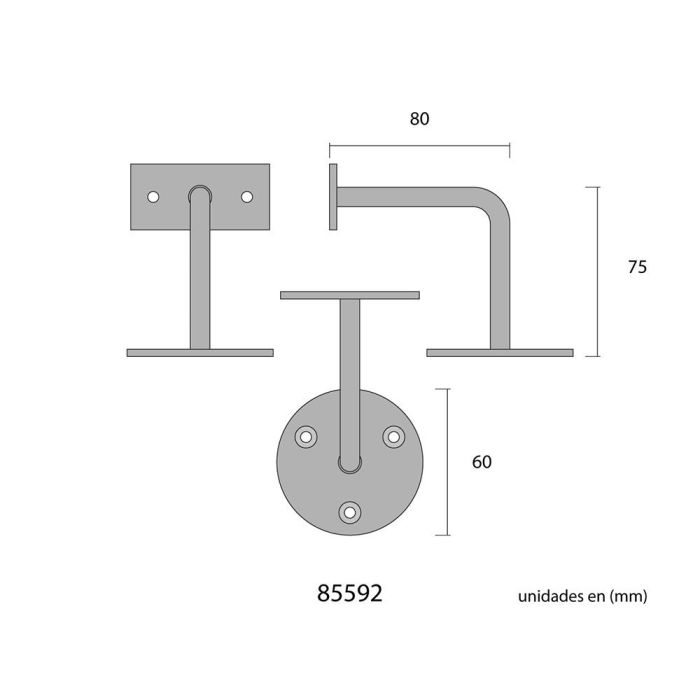 Edm Soporte Barandilla Blanco Acero Base ø6 cm Soporte 5,5 x 2,5 cm Fijación 3 Tornillos 1