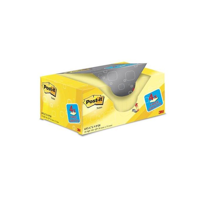 Post-It Bloc Notas Adhesivas 653, 100 Hojas 38x51 mm, Canary Yellow, Paquete 16 Unidades + 4 Gratis