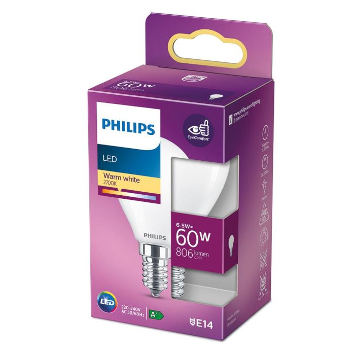 Philips Bombilla esférica LED E14 6,5W 806lm 2700K luz cálida, equivalente a 60W 1 Philips Bombilla esférica LED E14 6,5W 806lm 2700K luz cálida, equivalente a 60W 1