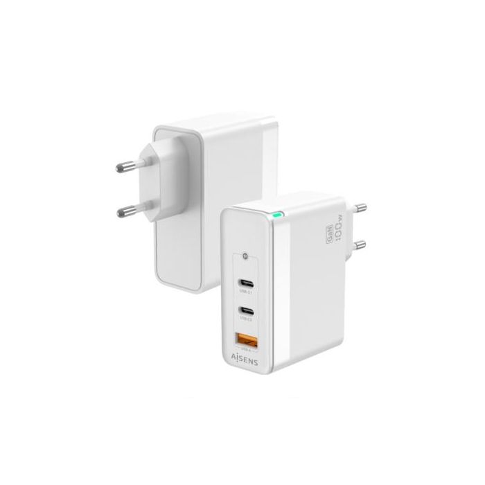 Aisens Cargador GaN 100W 2x USB-C PD3.0 QC4.0 QC5.0 1x USB-A QC3.0 Blanco