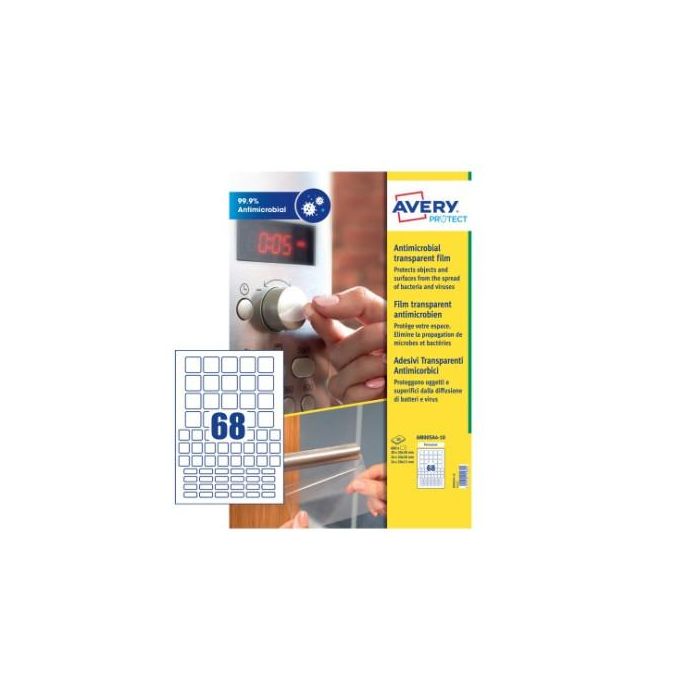 Avery AM00SA4 Etiquetas Adhesivas Permanentes Transparentes Antbacterianas 680 Piezas 30x30mm 20x20mm 20x10mm Formato A4 0 Avery AM00SA4 Etiquetas Adhesivas Permanentes Transparentes Antbacterianas 680 Piezas 30x30mm 20x20mm 20x10mm Formato A4 0
