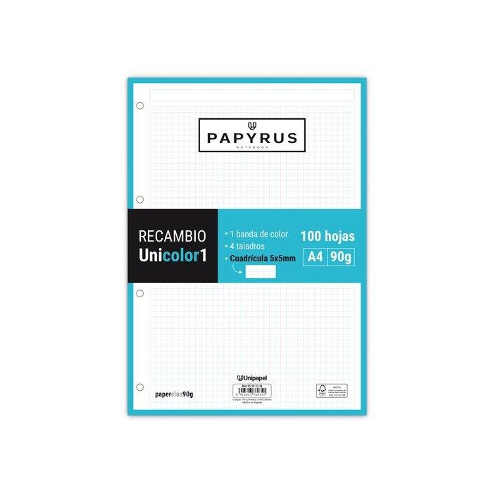Recambio Papyrus Unicolor1 A4 100H 90G 4 Taladros Cuad.5X5 Turquesa 24 unidades