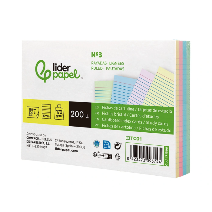 Liderpapel Tarjetas de Estudio Rayadas Cartulina de Colores 170gr 100x150mm Paquete de 200 Unidades 3