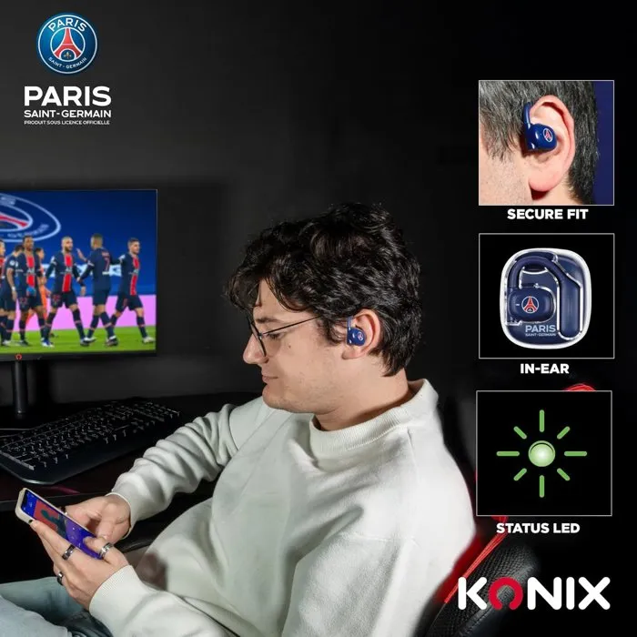 Konix Auriculares Deportivos Inalámbricos PSG Bluetooth 5.3 - Transductores 16.2 mm, 12 Horas Batería, Alcance 10 m, Azul - Ref. KON3328170300162
