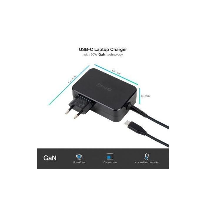TooQ TQLC-USBCGAN90PD Cargador Portátil GaN 90W USB Tipo-C para Notebooks Mac Voltaje 5-20V Negro 1 TooQ TQLC-USBCGAN90PD Cargador Portátil GaN 90W USB Tipo-C para Notebooks Mac Voltaje 5-20V Negro 1