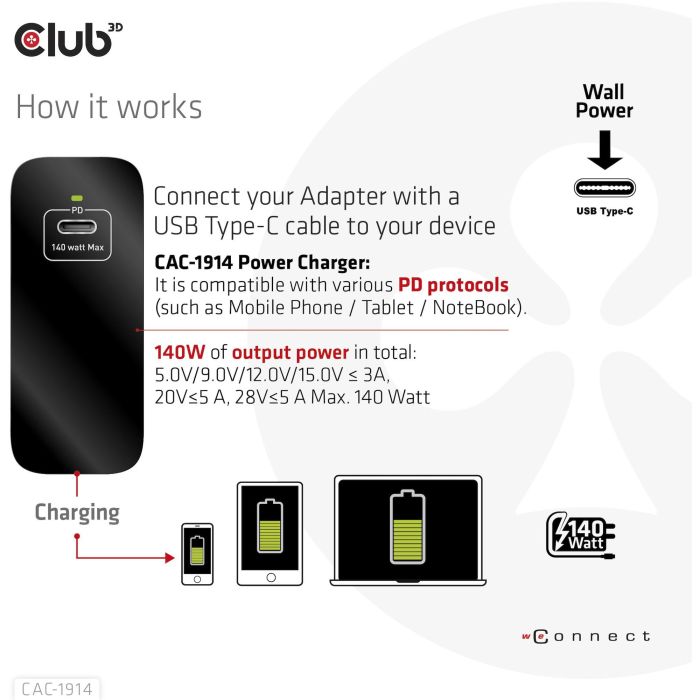 Club3D Cargador de Viaje 1xUSB Tipo C PD 140W con Tecnología GaN para Interiores, 28V, Cable 1m Negro 7 Club3D Cargador de Viaje 1xUSB Tipo C PD 140W con Tecnología GaN para Interiores, 28V, Cable 1m Negro 7
