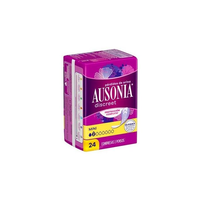 Ausonia DISCREET Compresas Incontinencia Mini para Mujer, Doble Núcleo, Barreras Antifugas, Odourlock, 24 unidades