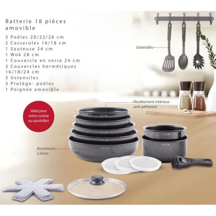Batería de cocina - Todo tipo de fuegos, incluida inducción - ART & CUISINE - AC1824 - Aluminio - 18 piezas - Antiadherente - Mango extraíble 5 Batería de cocina - Todo tipo de fuegos, incluida inducción - ART & CUISINE - AC1824 - Aluminio - 18 piezas - Antiadherente - Mango extraíble 5