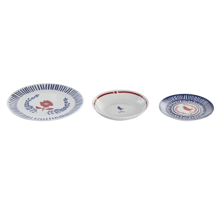 DKD Home Decor Vajilla de Porcelana Mediterráneo Blue Red Bird Set de 18 Piezas Azul Rojo Blanco Apto Microondas y Lavavajillas 1