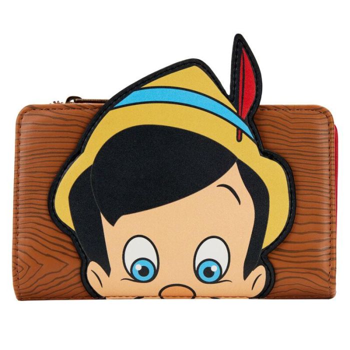 Loungefly Cartera de Piel Vegana Pinocho Disney, Billetera con Cremallera y Ranuras para Tarjetas, 16,25x10cm