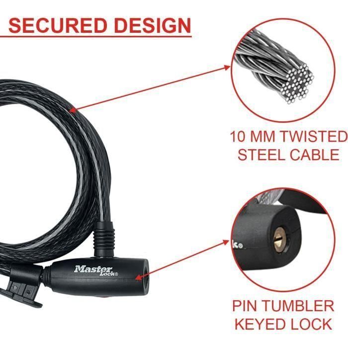 MASTER LOCK Cable antirrobo para bicicletas [Cable de 1,8 m] [Llave] [Exterior] [Soporte de montaje para bicicletas] 8232EURDPRO 1