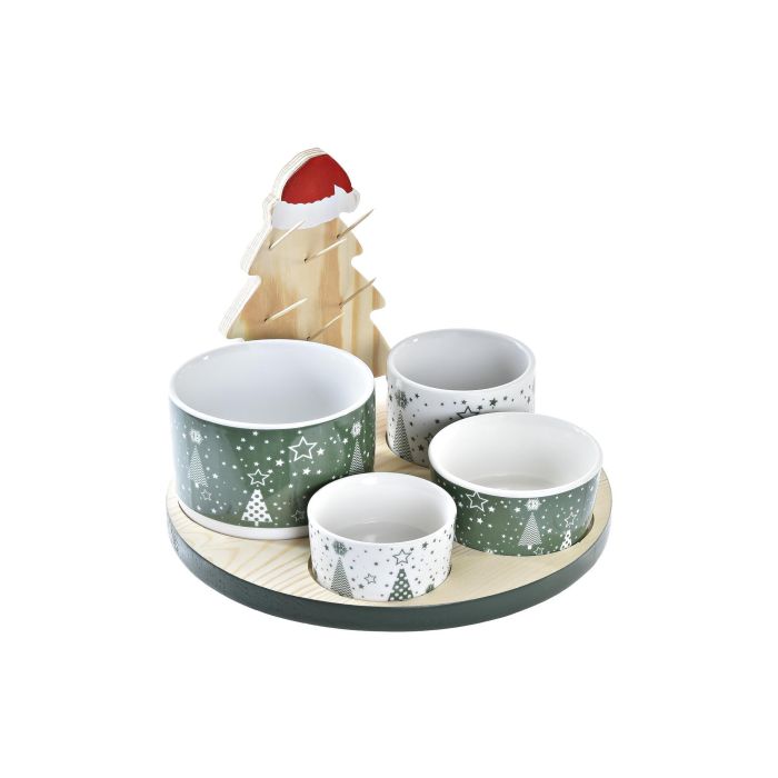 DKD Home Decor Set Aperitivo Navidad Tradicional, Gres y Bambú, Verde Natural Blanco, Diseño Árbol, 5 piezas 22x22x15 cm
