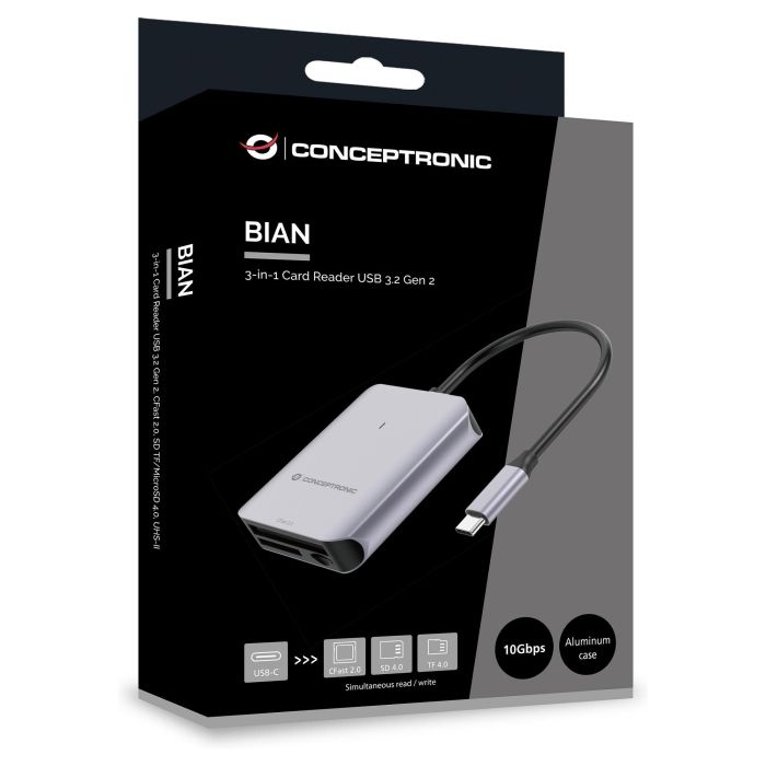 Conceptronic Lector de Tarjetas USB-C BIAN09G SD 4.0, MicroSD 4.0, CFast 2.0, USB 3.2 Gen 2, 10 Gbps