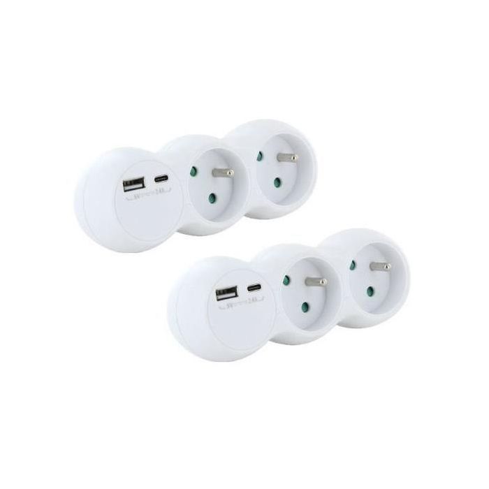 Chacon 47002 Lote 2 Dominó 2x16A con USB-A + USB-C Blanco Estándar Francés