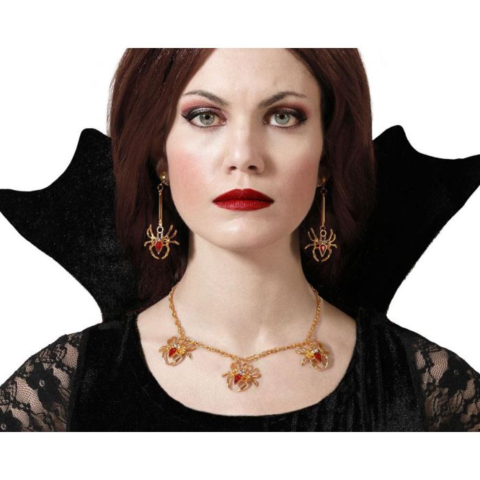 Set Collar y Pendientes Araña Dorados con Piedras Rojas para Disfraz y Eventos