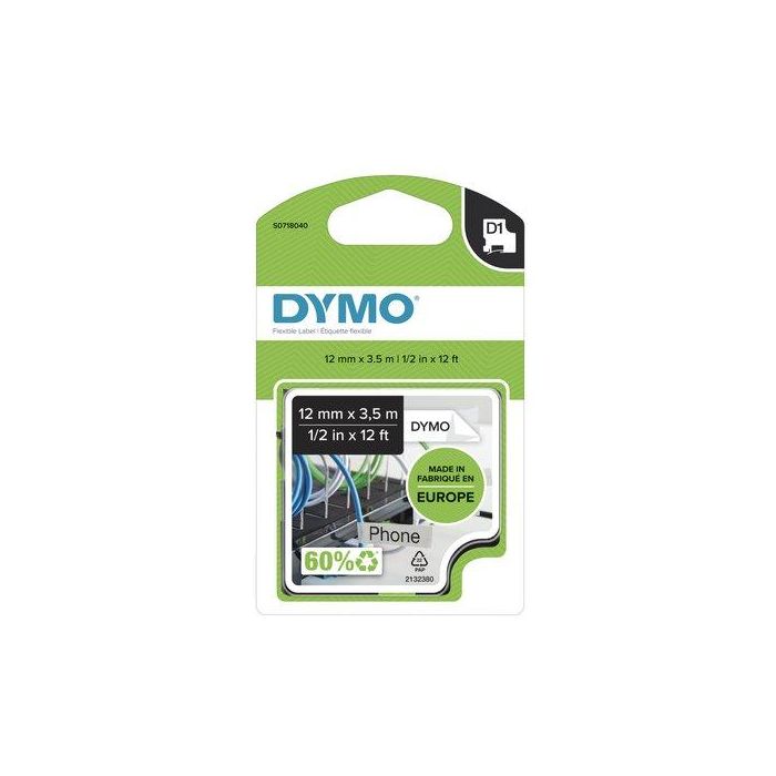 Dymo 16957 Cinta de Transferencia Térmica D1 para Etiquetas Nylon Flexible Negro Sobre Blanco 12mm x 3,5m
