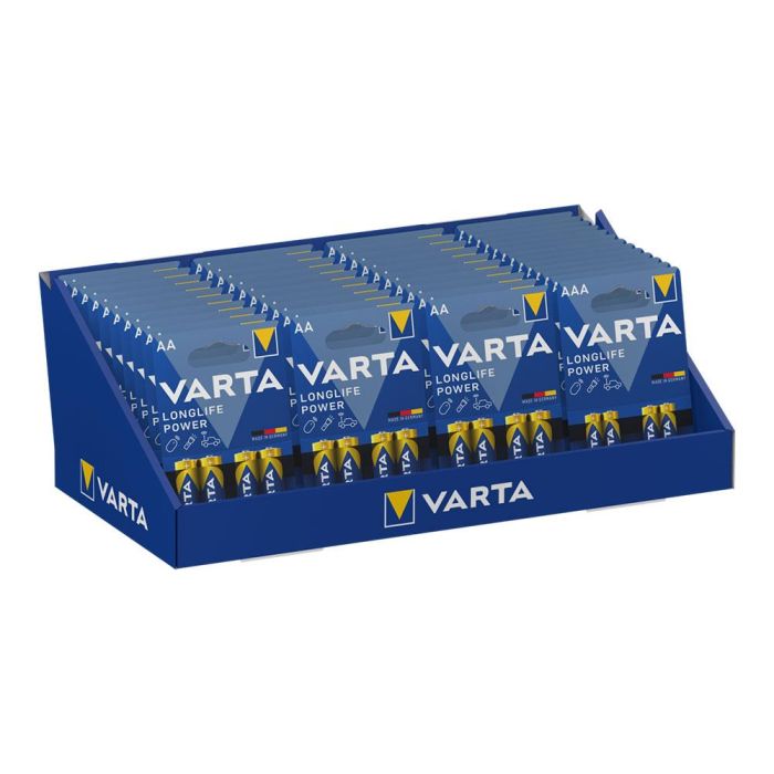 Expositor de carton de sobremesa varta he 30 blister lr06 aa 4 unid. + 13 blisters lr03 aaa 4 unid. varta 36x28x17cm