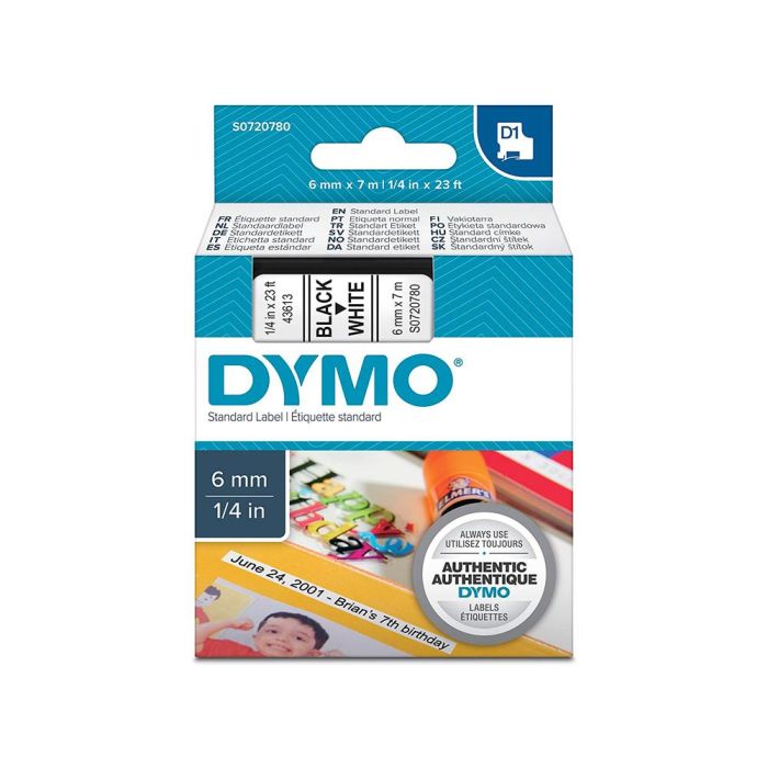 Dymo Cinta De Transferencia Termica D1 43613. Etiquetas Estándar Negro Sobre Blanco 6 mmx7M. Poliester Autoadhesiva.Rotuladora Labelmanager 1