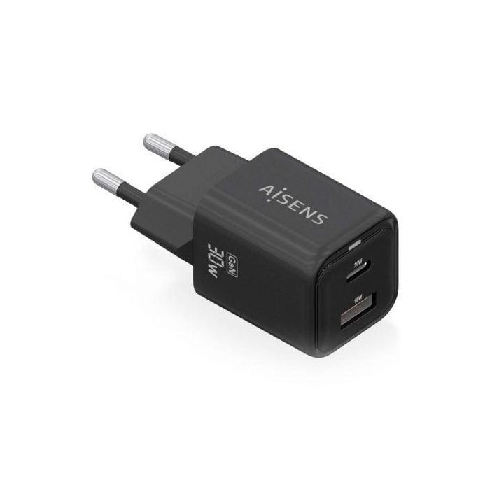 AISENS ASCH-30W2P021-BK Cargador de Pared GaN 30W USB-C y USB-A Carga Rápida Power Delivery QC Universal Negro AISENS ASCH-30W2P021-BK Cargador de Pared GaN 30W USB-C y USB-A Carga Rápida Power Delivery QC Universal Negro