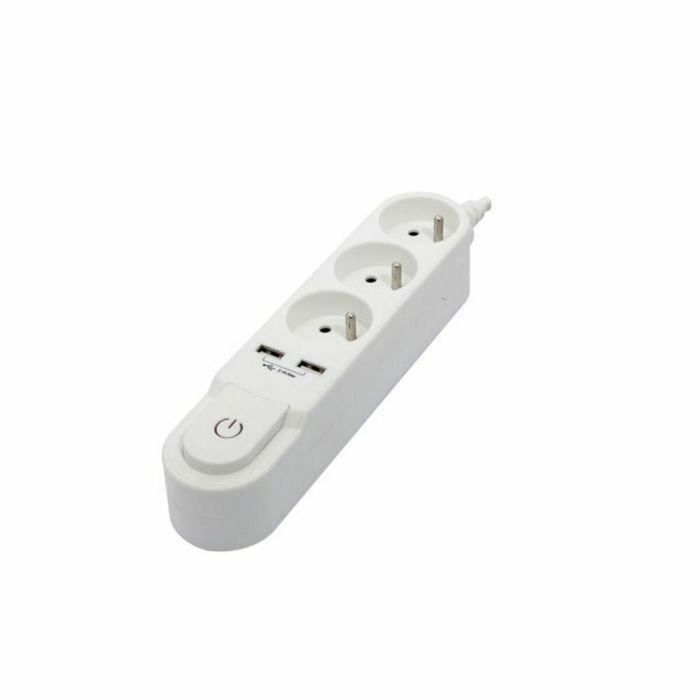 CHACON Bloque de enchufes múltiples con interruptor 3 tomas de 16 A y 2 salidas USB de 2 A, cable blanco de 1,5 m