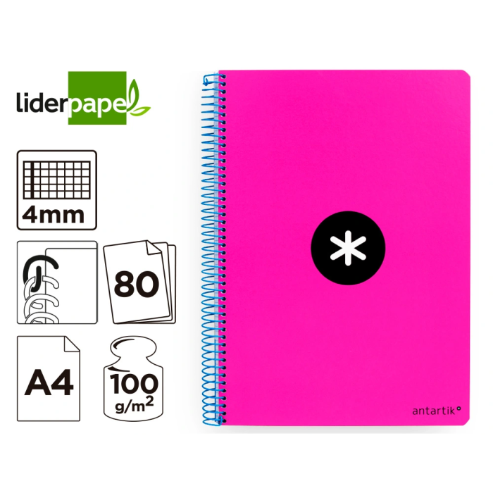 Antartik Cuaderno espiral A4 tapa dura 80 hojas 90gr cuadro 4mm con margen color rosa fluor 7