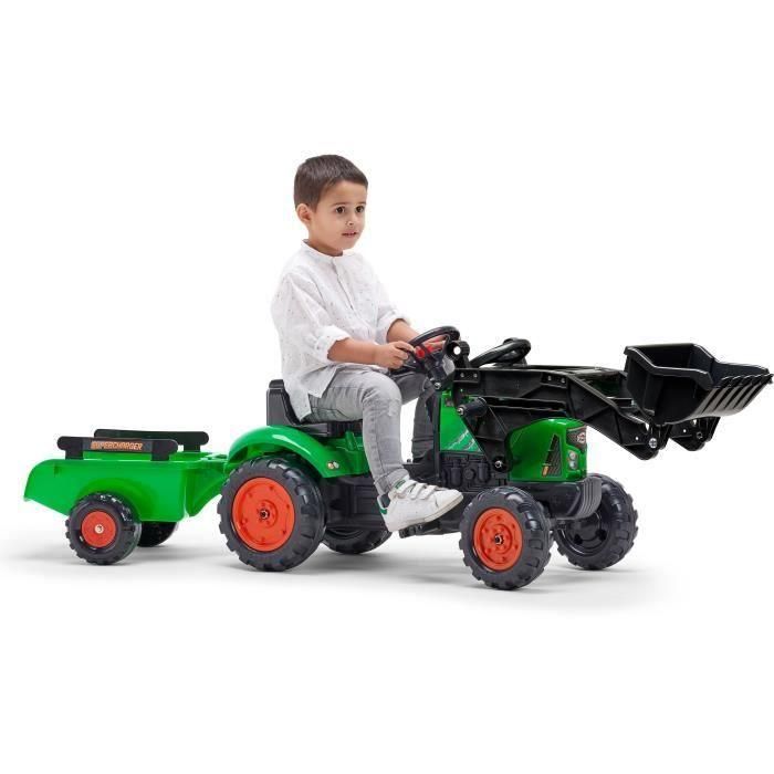Falk Retroexcavadora con pedal Supercharger verde, con remolque extraíble, capota de apertura, volante con bocina, para niños 2-5 años 1