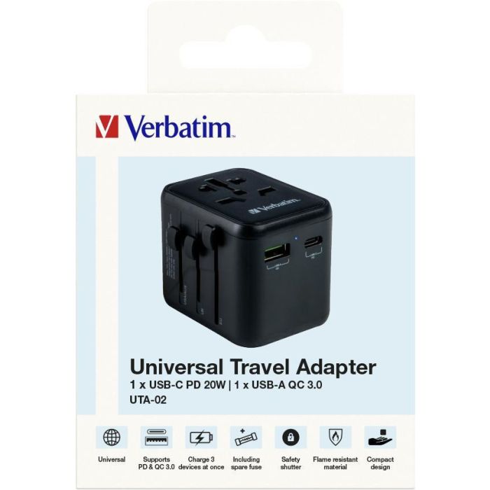 Verbatim Adaptador Universal de Viaje con 1 Puerto USB-C PD 20W y 1 Puerto USB-A Quick Charge 18W 8