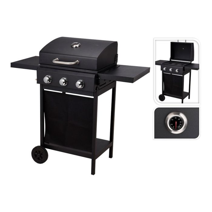 Vaggan Barbacoa de gas 3 fuegos, 139x56,5x106cm, negro, con encendido electrónico y termómetro