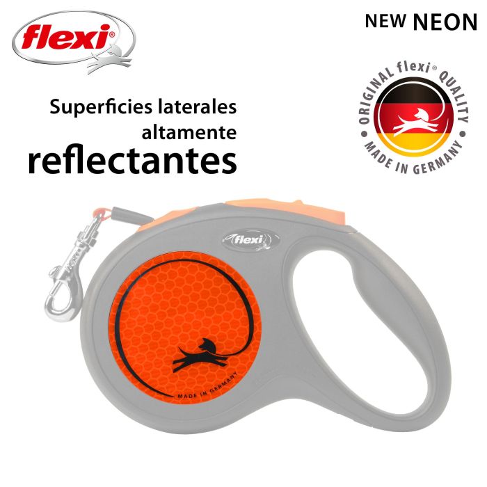 Flexi Correa Retráctil New Neon para Perros Cinta 5 Metros Talla M Naranja Neón Alta Visibilidad Reflectante 2