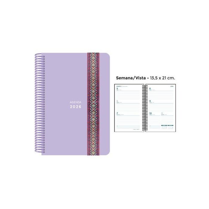 Agenda Anual (2026) Senfort Pastel Espiral Tapa Pp Con Goma Decorada 135X210 S/V Lila
