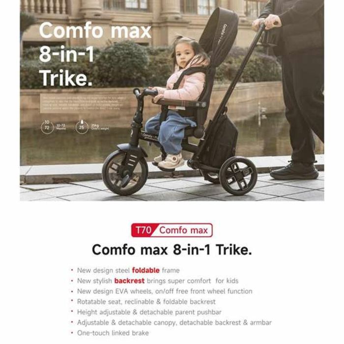 Ociotrends Triciclo Comfo Max 6-en-1 Plegable de Aluminio con Ruedas EVA, Asiento Giratorio 360º Reclinable, Máximo Confort Negro 1
