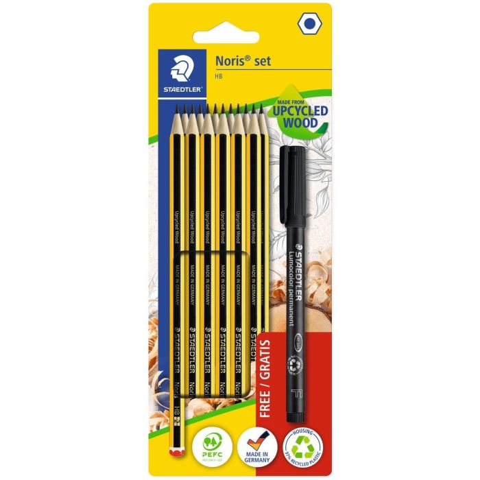 STAEDTLER Set de Lápices Noris 100% PEFC + 1 Lumocolor, Hexagonal, Múltiples Durezas, para Arte, Dibujo, Oficina y Escuela, Blister 12 Uds.