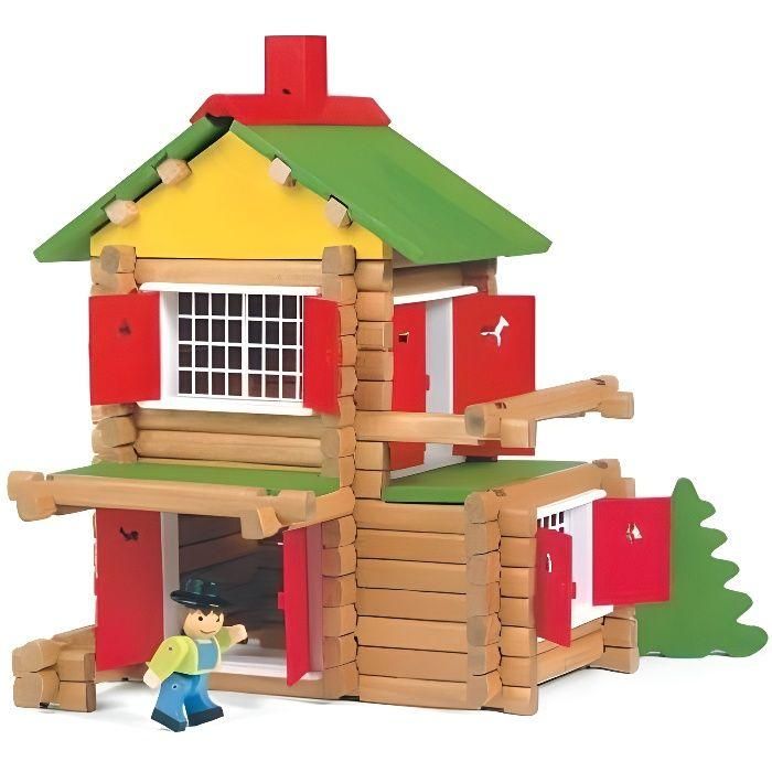 Jeujura My Wooden Chalet Juego de Construcción 135 Piezas de Madera Natural y Teñida